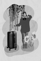 Vertical collage picture of impressed positive girl hold suitcase fresh flowers sunflower isolated...