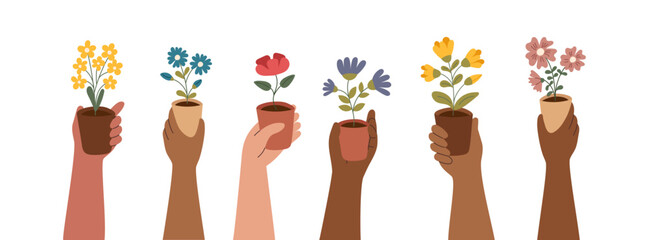 Set of potted flowers in human hands isolated on white. Concept of botanical decoration, plant care, gardening, spring, holiday, environment. Vector hand drawn cliparts.