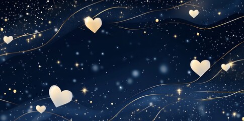 Stars and hearts background, golden lines, dark blue gradient, golden lights, white heart shaped balloons