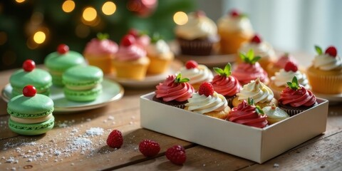A delightful assortment of freshly baked cupcakes and delicate macarons, arranged on a rustic wooden surface, creating a festive and inviting scene.