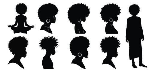 African Black Woman Afro Silhouette vector with white background 