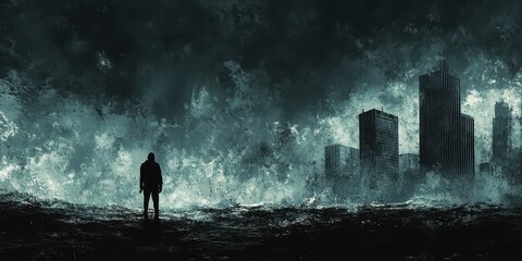 Fototapeta premium Man watches a destroyed city overcome by a flood