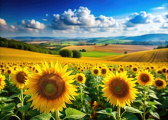Fototapeta premium Tilt-shift photography captures a breathtaking miniature sunflower field under a vibrant blue sky.