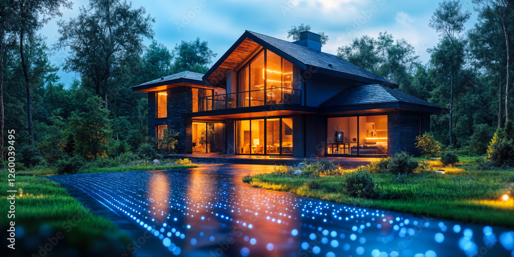 Aufkleber modern smart home with ai-driven renovation tools and illuminated pathway in forest setting by night