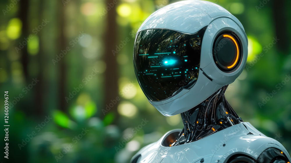 Poster futuristic ai digital assistant robot in natural environment highlighting advancements in technology
