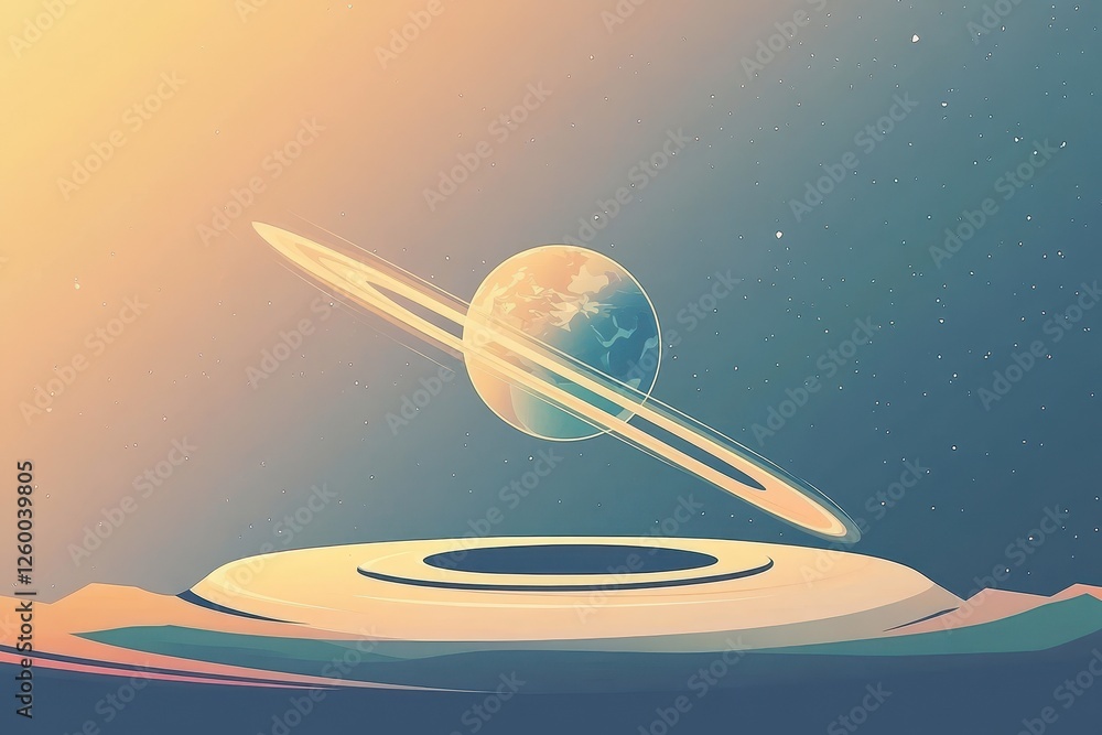 Poster stylized rendering of a ringed planet above a platform