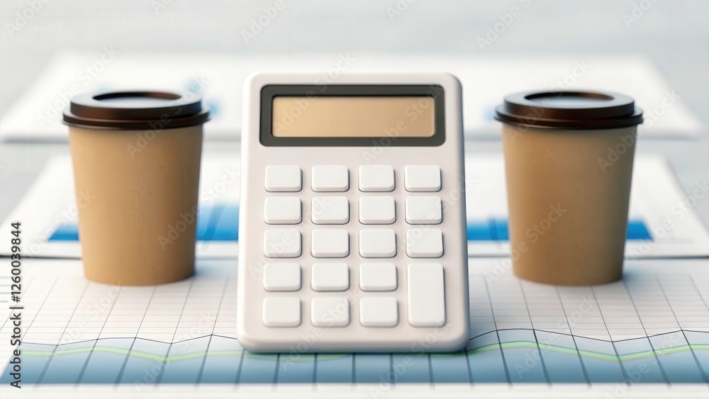 Poster a white calculator with two paper cups of coffee on a desk with financial graphs. the calculator and