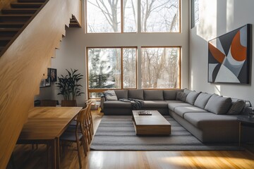 Modern living room with large windows, wooden staircase, sectional sofa, and dining area.