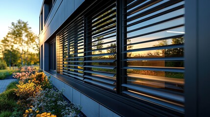 automated external blinds closed on the facade of a modern office buildin