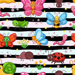 A playful seamless pattern with insects and a snail on a striped pastel background. Vector cartoon illustration