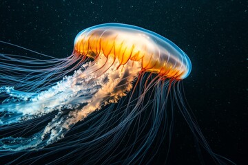 Fototapeta premium Orange jellyfish ocean deep bioluminescence night