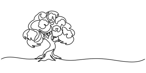 Continuous line drawing of tree on white background. Vector illustration, Continuous one line drawing green tree fertile on white background, trees for decorating gardens, park, forest. Agriculture. 