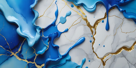 Golden blue shiny veins and cracked marble texture background, created by generative AI