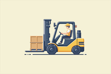 Forklift truck with man driving. Vector illustration.
