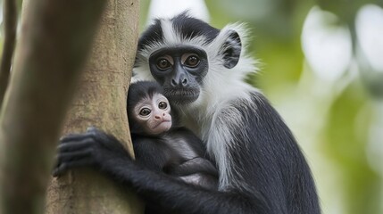 Fototapeta premium A black and white colobus monkey mother cradles her baby against a tree trunk in lush greenery.
