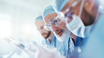 Fototapeta premium Focused team of surgeons working together in a sterile operating room. Medical expertise, precision, and collaboration in a high-stakes surgery environment