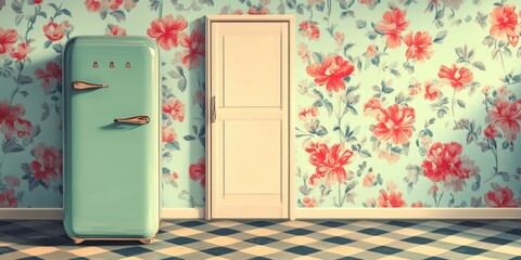 Vintage refrigerator stands next to door in floral decorated room
