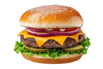 Street food burger with dripping cheese, bold colors, pop art style, isolated on white background	
