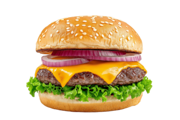 Street food burger with dripping cheese, bold colors, pop art style, isolated on white background	
