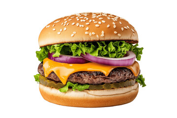 Street food burger with dripping cheese, bold colors, pop art style, isolated on white background	
