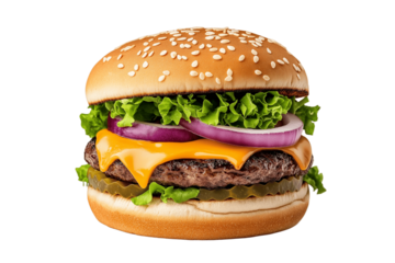 Street food burger with dripping cheese, bold colors, pop art style, isolated on white background	
