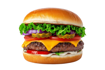 Street food burger with dripping cheese, bold colors, pop art style, isolated on white background	
