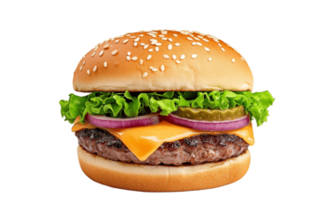 Street food burger with dripping cheese, bold colors, pop art style, isolated on white background	
