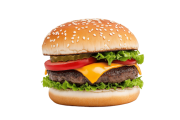 Street food burger with dripping cheese, bold colors, pop art style, isolated on white background	
