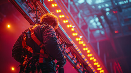 Technicians in safety harnesses securing aluminum trusses for a stage setup, working under bright lights