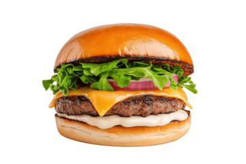 Street food burger with dripping cheese, bold colors, pop art style, isolated on white background	
