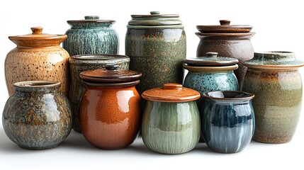 beautiful ceramic pots with lids collected from various perspectives and isolated on a white backgroun