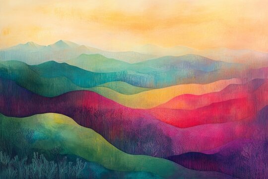 Vibrant layered hills under a warm sunset sky in a colorful landscape with abstract patterns