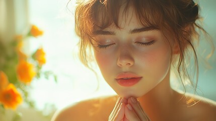 Fototapeta premium beautiful girl praying by the window in the morning vintage photo