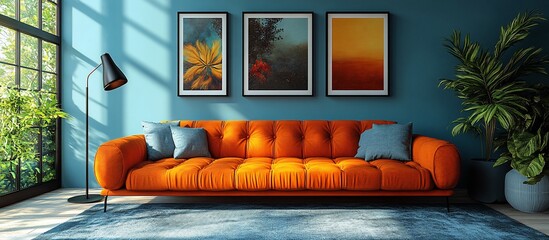 Modern living room featuring an orange sofa, vibrant artwork, and lush greenery in sunlight
