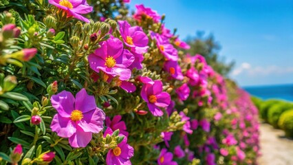 Obraz premium Pruning grey-leaved cistus hedge with vibrant pink flowers and soft fuzzy foliage, on a sunny Mediterranean landscape background, botanical detail, flower close-up