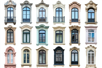Obraz premium Set of building windows isolated on white background, Selective focus varies of outdoor classic window.