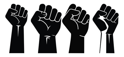 Raised fist hand of crowd protester in flat vector and silhouette with white background 
