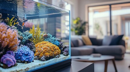 Modern living room interior with a large saltwater aquarium featuring vibrant coral and fish.