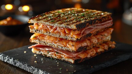 Grilled Salmon Sandwich, Restaurant, Dark Ambiance