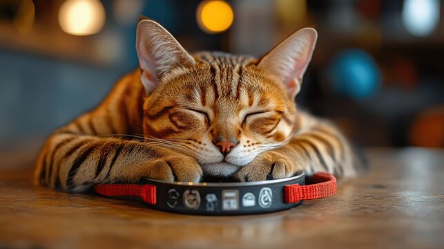 bengal cat portrait with the feline resting on a table and wearing a leas