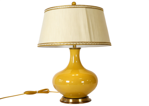 Elegant yellow ceramic table lamp with a white shade, perfect for modern home decor and ambient lighting.
