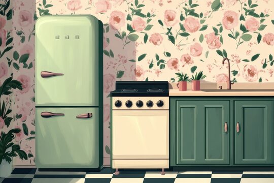 Whimsical kitchen interior featuring pastel colors and floral wallpaper