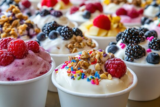 Delicious Frozen Yogurt Cups With Berry And Nut Toppings