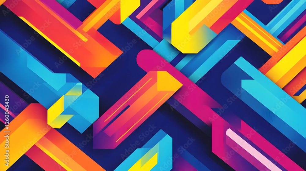 Poster abstract multicolored geometric shapes arranged in a dynamic composition