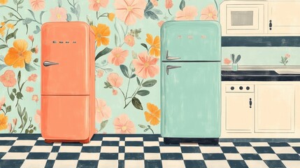 Retro kitchen scene featuring colorful appliances and floral wallpaper