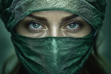 Closeup Portrait Of Woman In Medical Mask