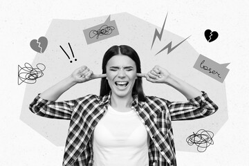Template magazine collage of stressed crazy girl not paying attention hate social scream close...