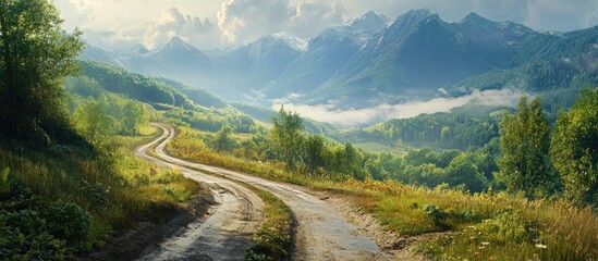 Fototapeta premium Serene winding road through lush green valleys under a cloudy sky with majestic mountains in the background and mist hanging over the landscape.