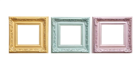 Ornate picture frames in bright colors with intricate details vintage style transparent background