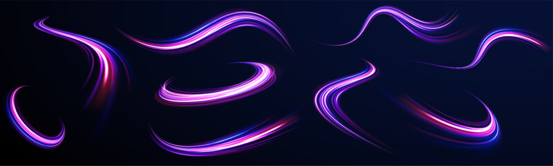 Colored shiny sparks of spiral wave. Curved bright speed line swirls. Shiny wavy path. Rotating dynamic neon circle. Magic golden swirl with highlights. Glowing swirl bokeh effect. vector png © ira11998877